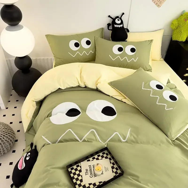 Big eyes Ins cartoon cute patch embroidered monster wash cotton quilt cover 200x230CM 200x240CM duvet cover set