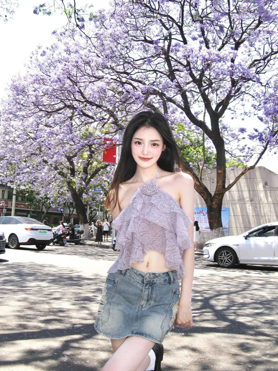 Spicy Girl, Sexy Purple Hanging Neck and Tank Top, Female Xia Chun Wants To Wear Tops, Off The Shoulder Irregular Tops