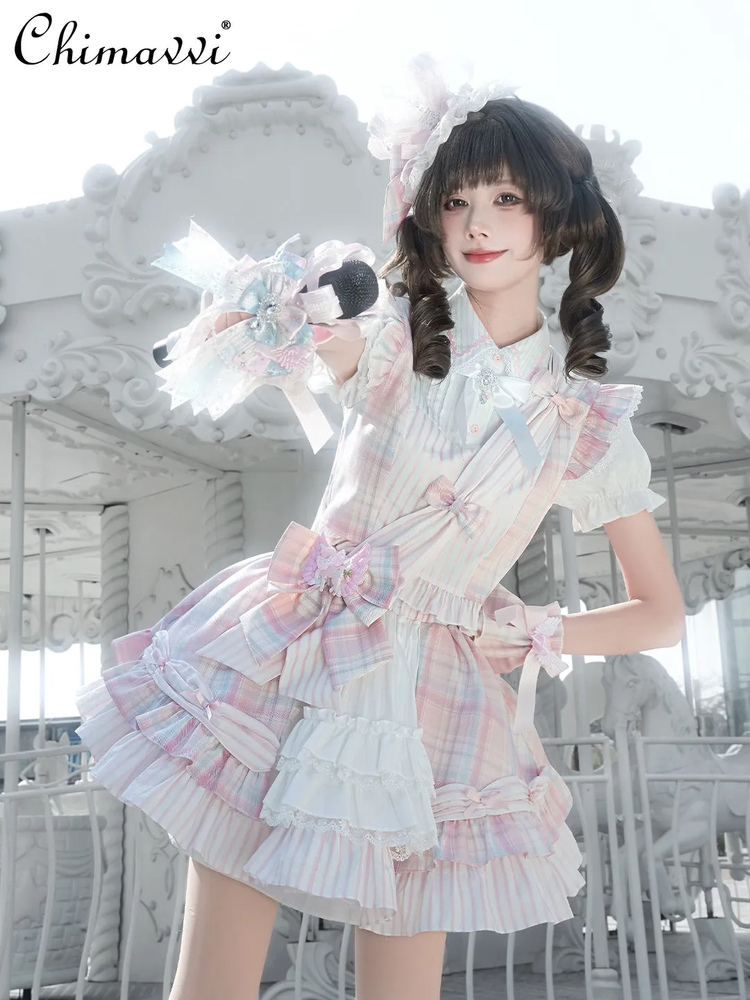 

Japanese Sweet Plaid Short-sleeve Cake Dress Women's Set 2026 Summer Pink Cute Bow Skirt Elegant Princess Lolita Two-piece Sets