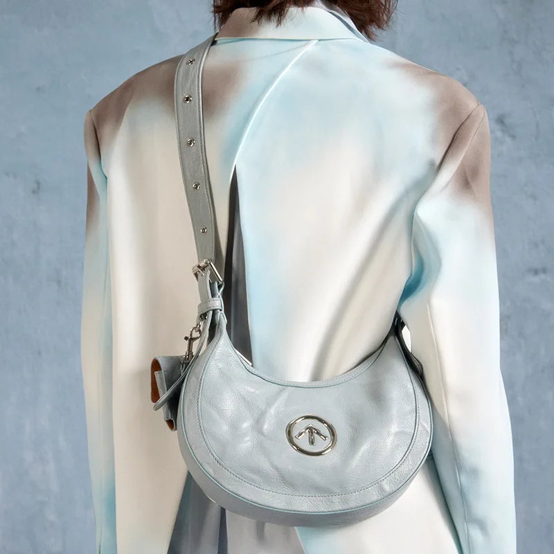 GROTTO Italian pleated genuine leather luna hobo crescent bag single shoulder crossbody underarm bag