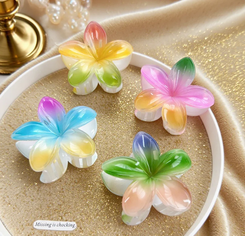 

8CM 5-Petal Flower Hair Claw Summer Color Block Shark Clip Women's Ethereal Resin Clip Premium Non-Slip Beach