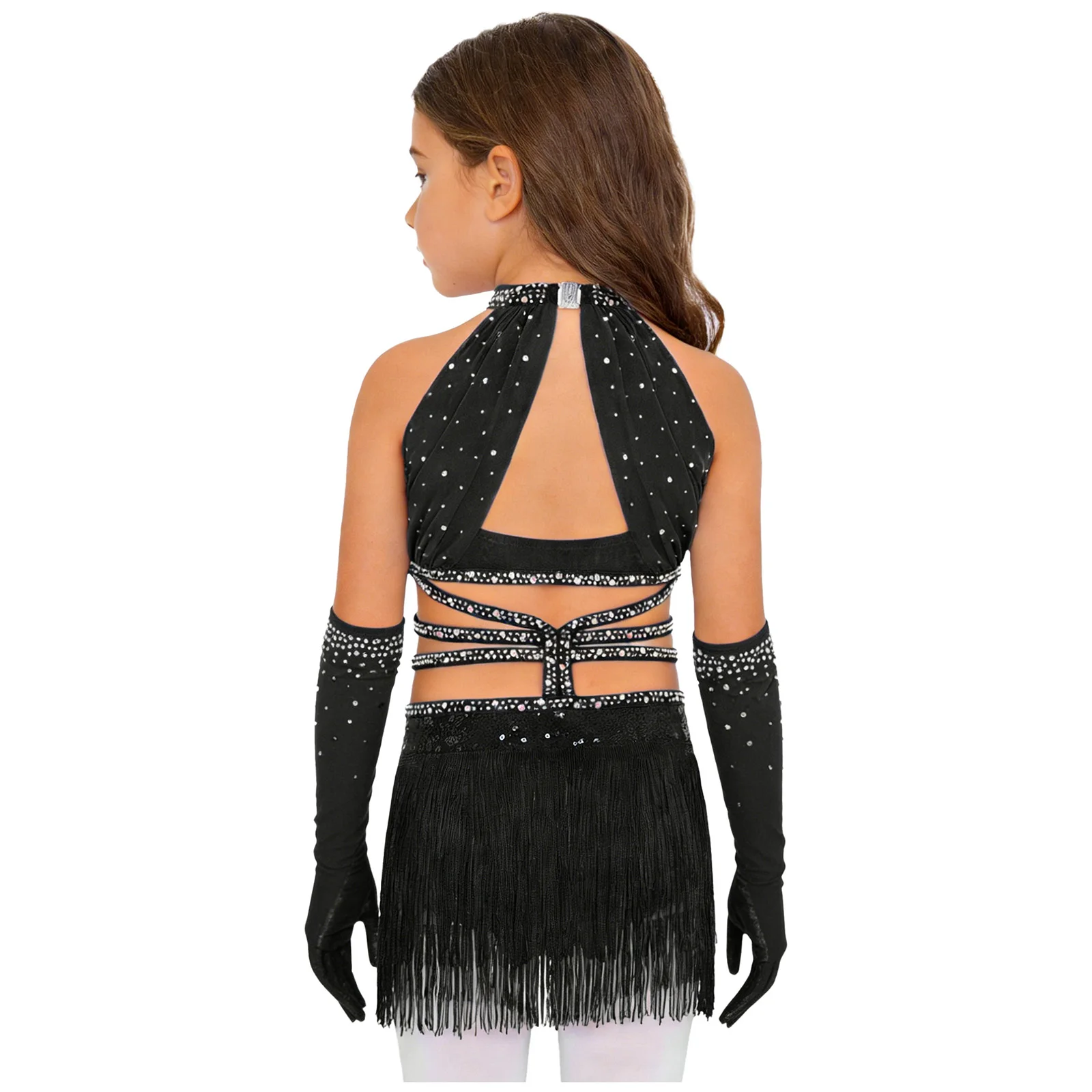 Kids Girls Tassel Latin Dance Dress Ruched Mesh Cutout Strappy Waist Sequin Leotard with Gloves Ballroom Tango Salsa Dancewear