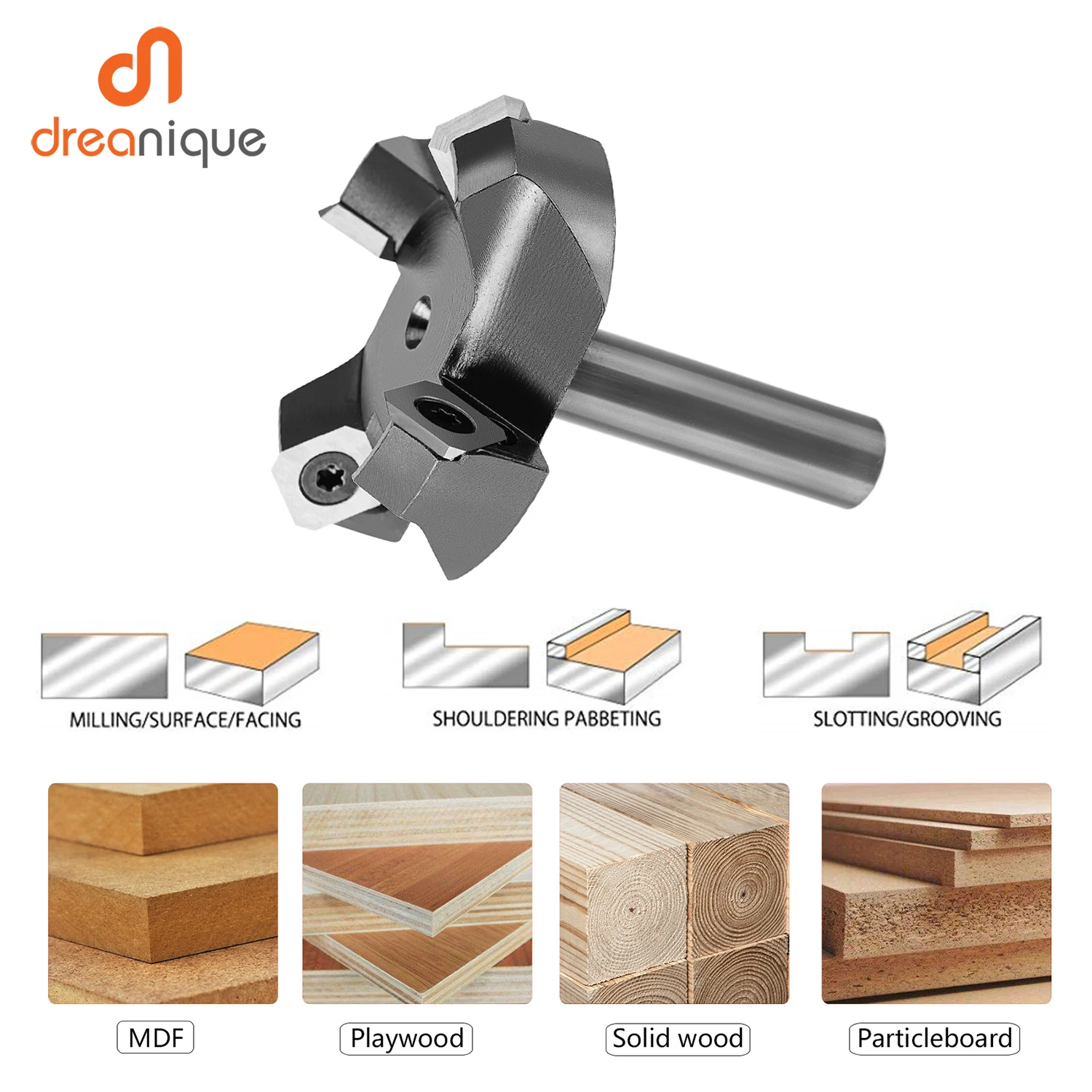 Dreanique 4-Flute Wood Planer Bit 60mm Cutting Diameter 12mm Shank Spoilboard Surfacing Tambour Router Bit Insert Carbide Slab