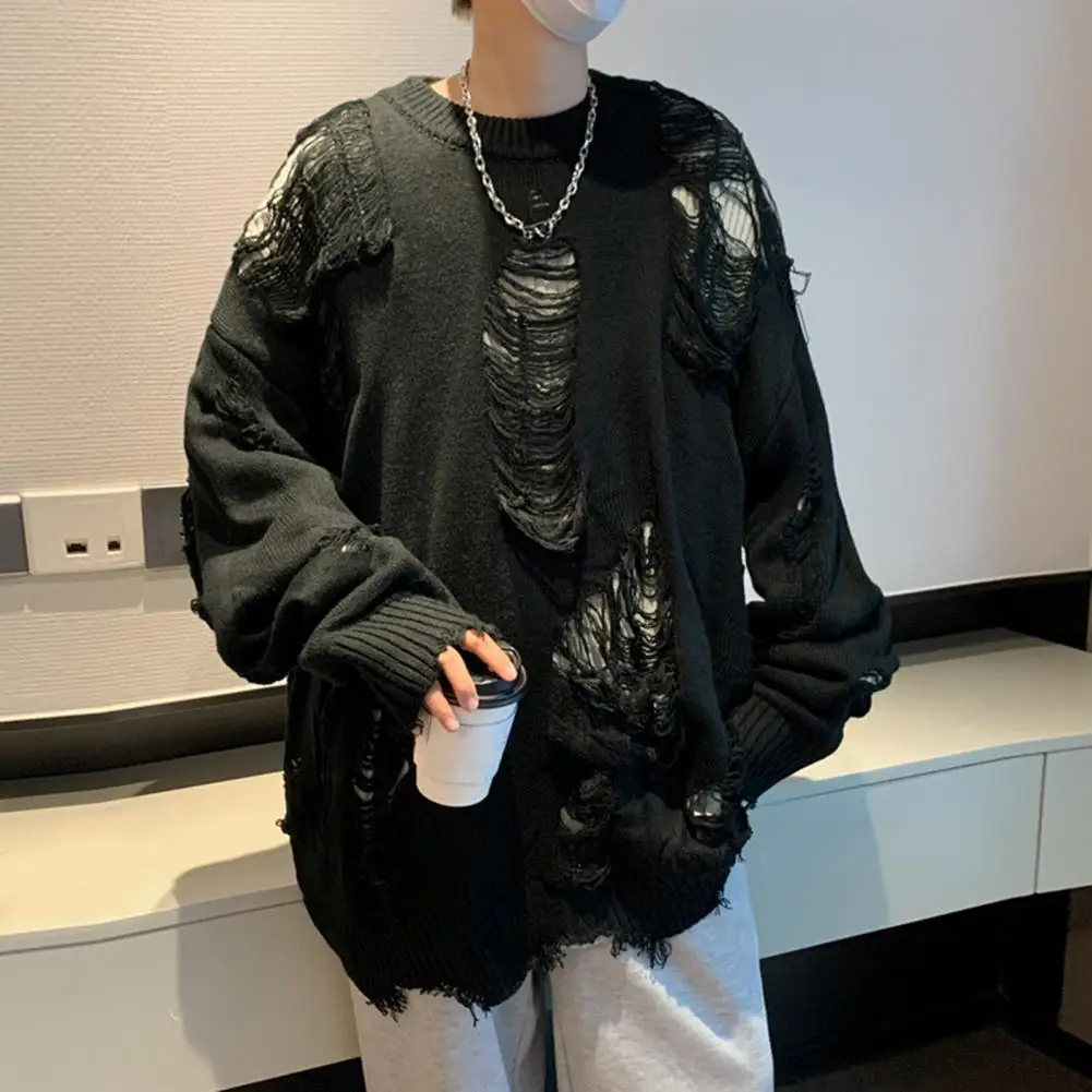 Solid Color Sweater Hop Inspired Men's Sweater with Ripped Design Solid Color Knitted Hollow Out Pattern Warm Stylish Streetwear