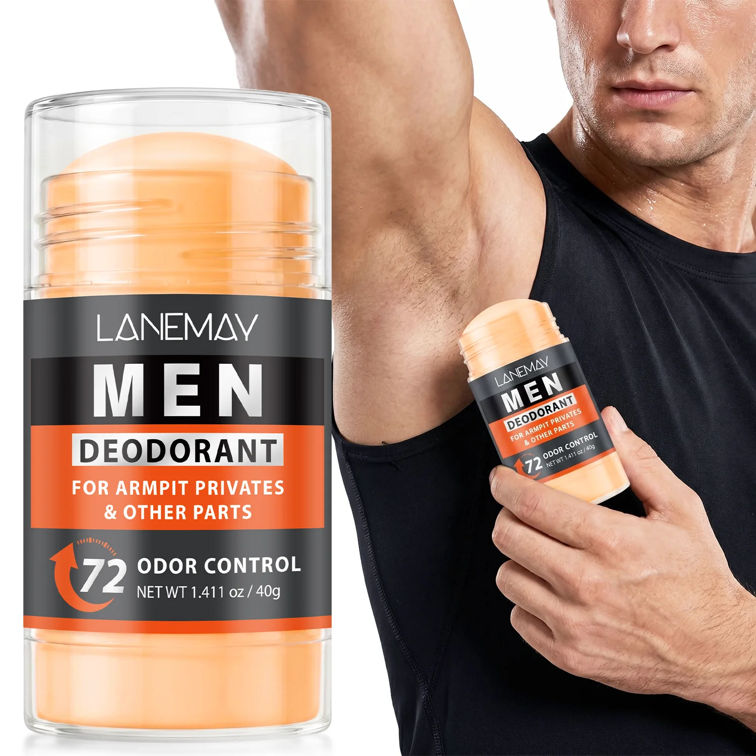 Desodorante em bastão masculino com controle de odor 72HR para axilas, partes íntimas e outras peças, 40g, frescor duradouro