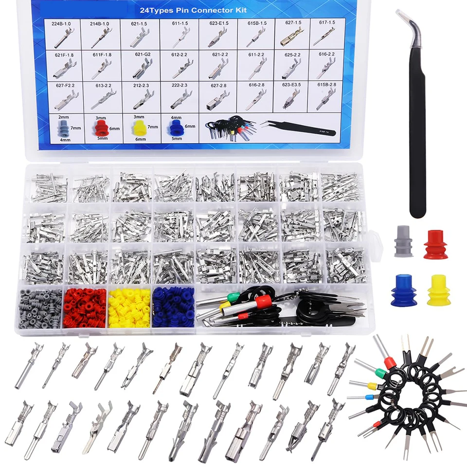 Kit de 729 piezas de 23 tipos de conectores automotrices de pines, terminales macho de 1/1.5/1.8/2.2/2.3/2.8/3.5mm, con herramienta de extracción