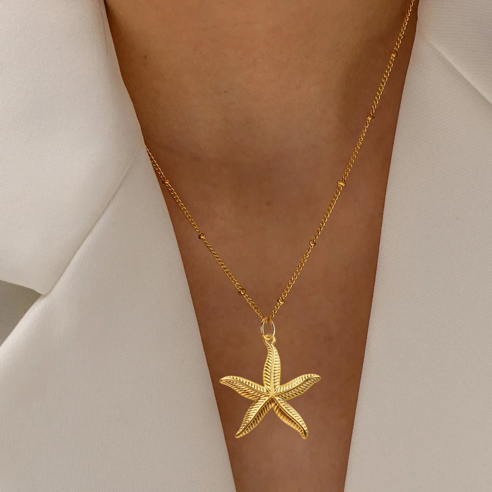 Golden Choker Women Stainless Steel Pendant Necklace Conch Starfish Bow Pendants Fashionable Women's Chunky Jewelry One Piece