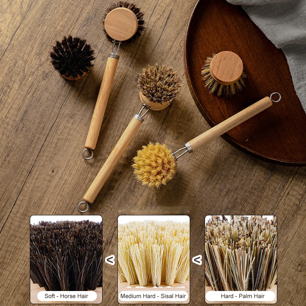 Replaceable Dish Brush Wooden Handle Stain Remove Pot Brush Portable Household Cleaning Scrub Brushes Kitchen Accessories