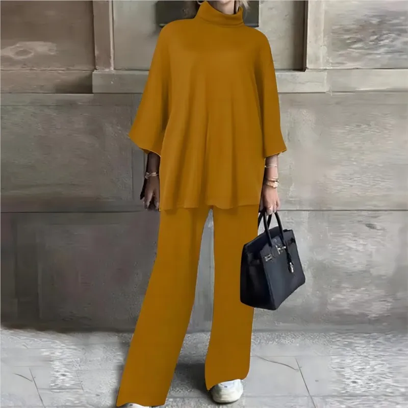 Women Winter Trousers Suit 2024 Casual 2 Pieces Set Fashion Spring Fall Solid High Collar 3/4 Sleeve Tops Wide Leg Long Pants