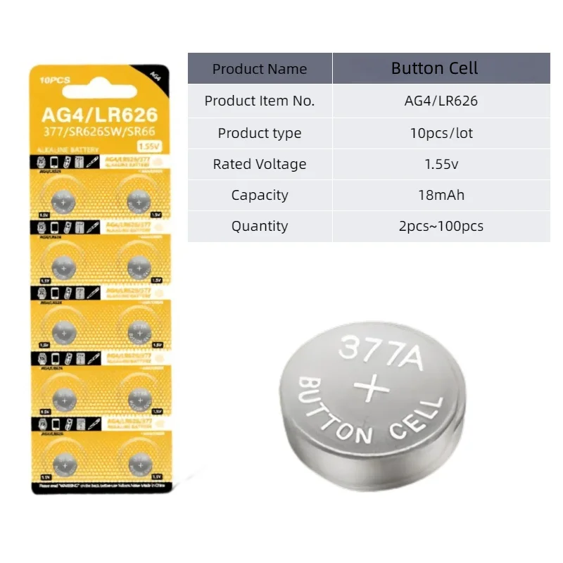 top2-100PCS 1.55V AG4 LR626 377 SR626 177 626A 377A CX66W Alkaline Coin Cell  Button Battery For Watch Toys Remote Calculator Cl