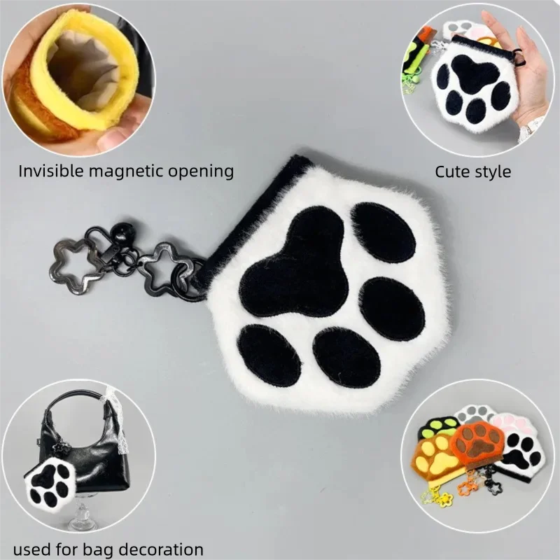 Kawaii Cat Paw Coin Purse Cartoon Plush Bag Charms Y2K Keychain Storage Pouches for Earbuds, Lipstick Cute Gifts for Girls Women