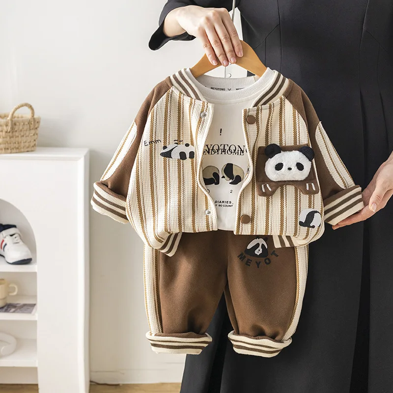 Spring Autumn Kids Boys 3PCS Clothes Set Cartoon Panda Shirts Striped Baseball Coat Loose Pants Suit Toddler Boys Outfits