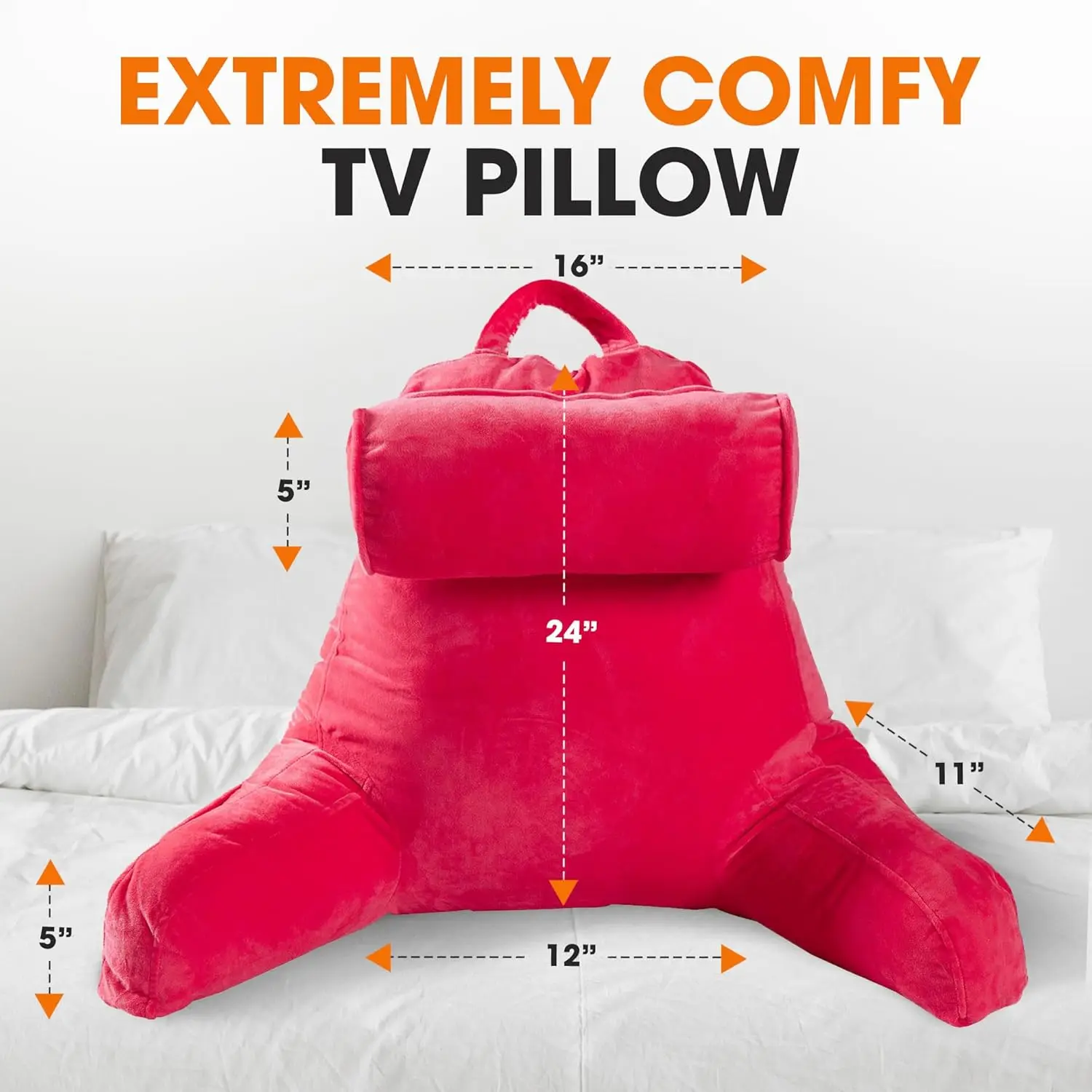 

Reading Pillow Chair - Chair Pillow With Arms And Detachable Neck Bolster For Bed & Couch - Machine Washable, Hot Pink