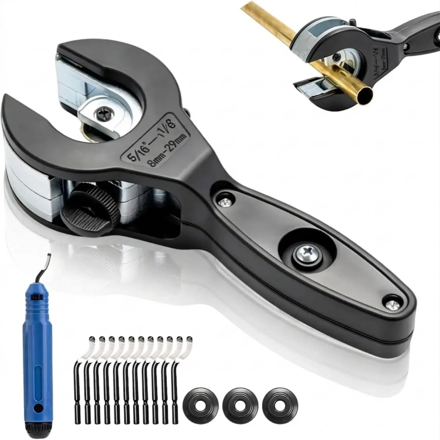 Ratcheting Pipe Tubing Cutter Compact Copper Pipe Cutter with 3 Replaceable Blade Deburring Tool for Copper Aluminum PVC Plastic