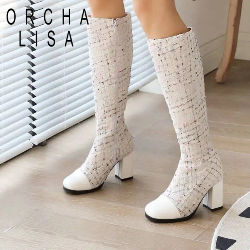 ORCHA LISA Damskie buty do kolan 36 cm Obcas blokowy 7 cm Wełniany zamek błyskawiczny Okrągłe palce Łączone Mały rozmiar 32 33 Buty