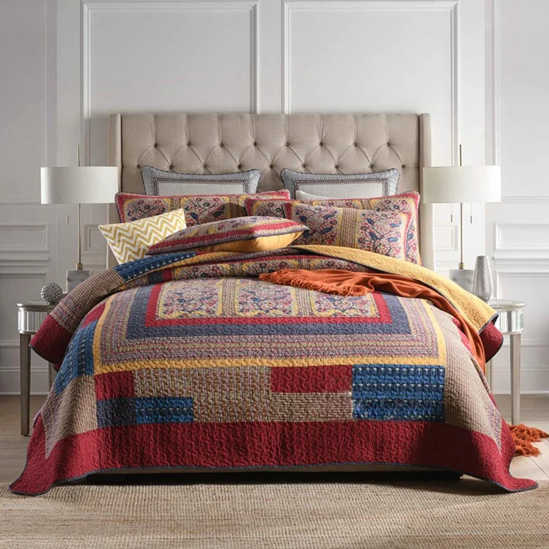 Floral Patchwork Cotton Quilt Set 3PCS Bedspread on the Bed King Queen Size Coverlet Summer Quilted Blanket for Bed Comforter