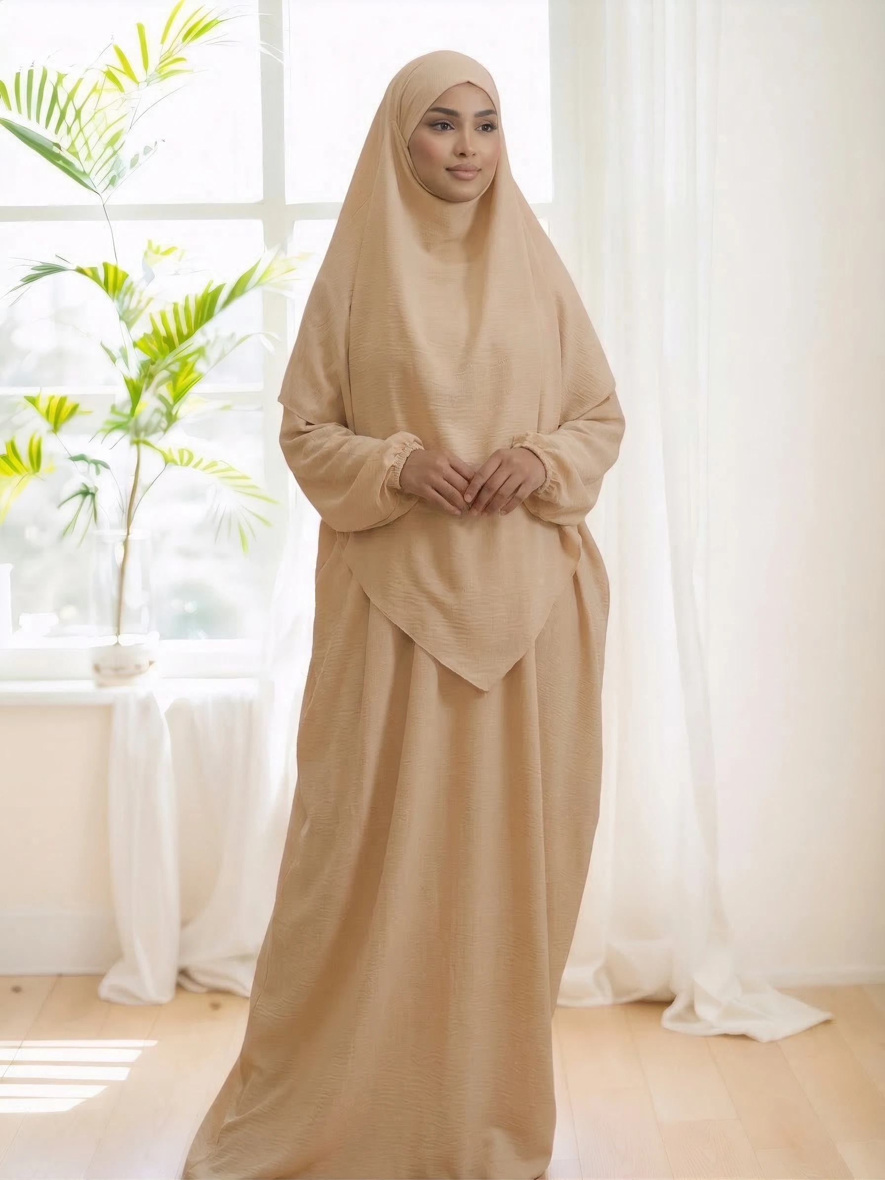 

Однотонный молитвенный комплект-абайя из 2 предметов | Мусульманский женский кафтан с открытым передом и подходящим хиджабом