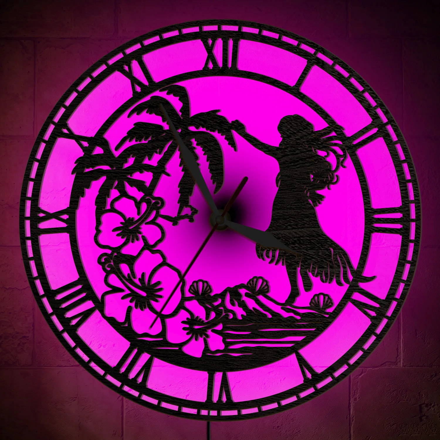 Hawaii Hula Dancer Girl Colorful Backlit Wooden Wall Clock Palm Tree Tropical Island Home Decor LED Glow Night Light Wall Clock