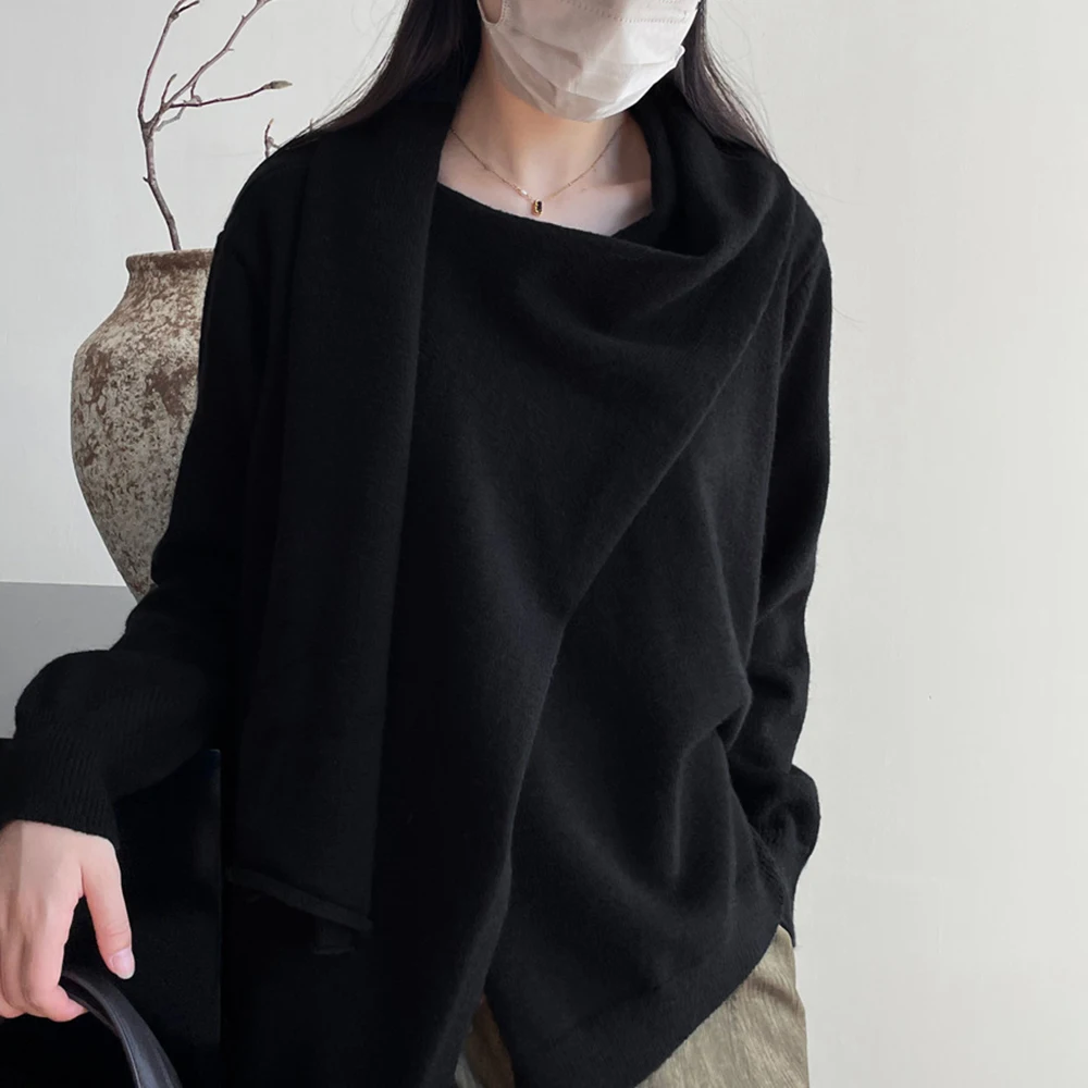 TWOTWINSTYLE Solid Minimalist Knitted Sweaters For Women Scarf Collar Long Sleeve Casual Loose Pullover Sweater Female Fashion