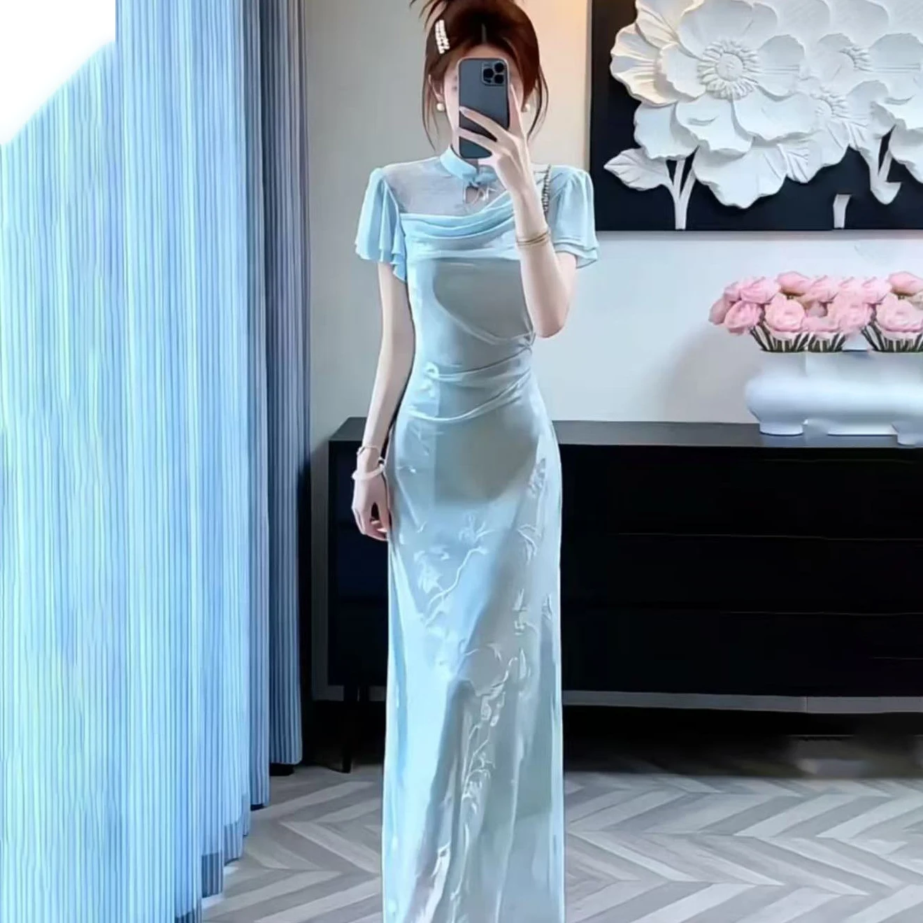 Mesh Splice Cheongsam Women Maxi Dress Stand Collar Ruched Slim Bodycon Qipao Floral Jacquard  Elegant Party Long Dress