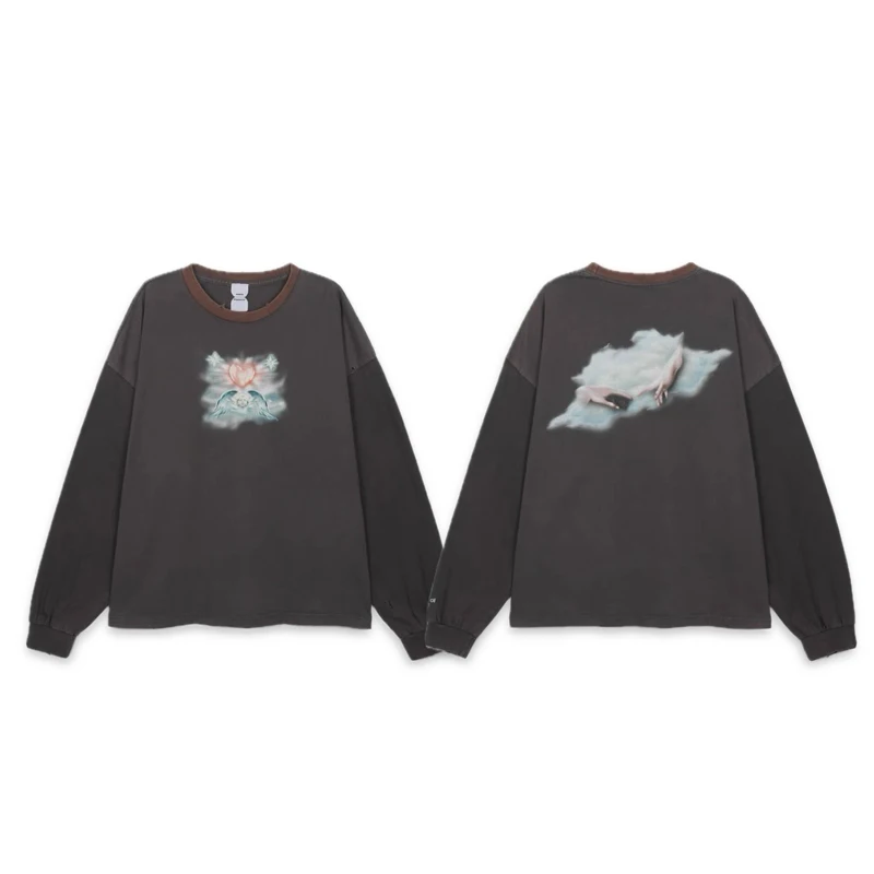 Protocol Index Fashion Men Women Distressed Retro Top Contrasting Colors High-quality Casual Round Neck Long Sleeved T-shirt