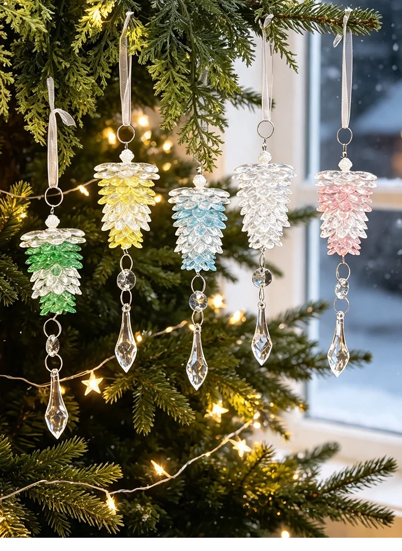 Christmas decoration acrylic pine cone hanging ornament, simulated pine cone pendant, transparent crystal small tree decoration, suitable for Christmas tree decoration, window display decoration, door curtain decoration, and curtain decoration