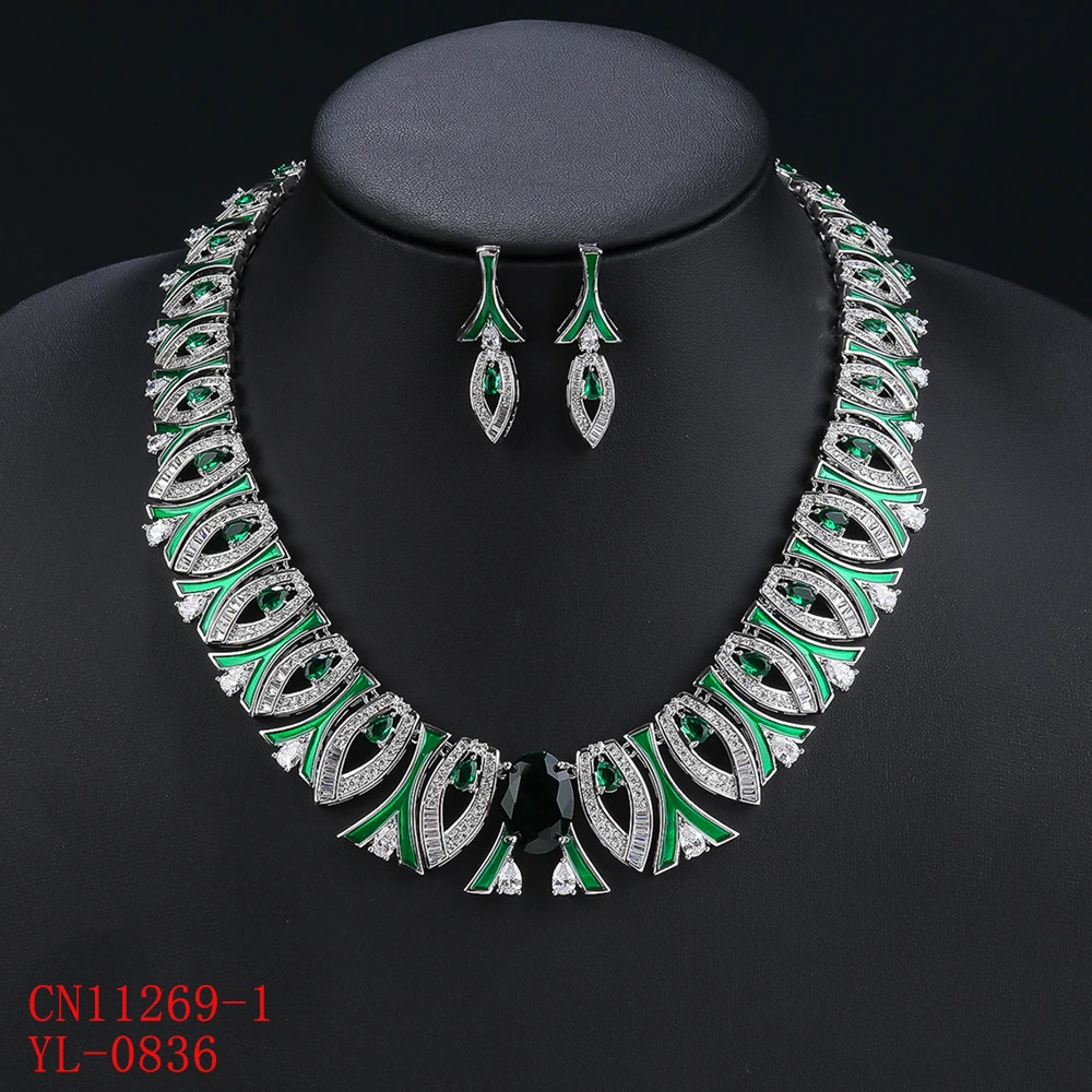 Fashion Cubic Zirconia Colored Enamel Necklace Earrings Set For Women Wedding Bridal White Zirconia Jewelry Set CN11269