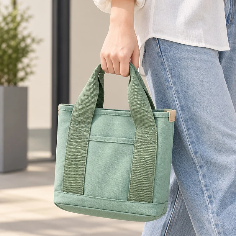 Simple Women's Canvas Tote Bag with Zipper, Double Handles Handbags for Women Purses, Bucket Shopping Bags Black Green Gifts view 6