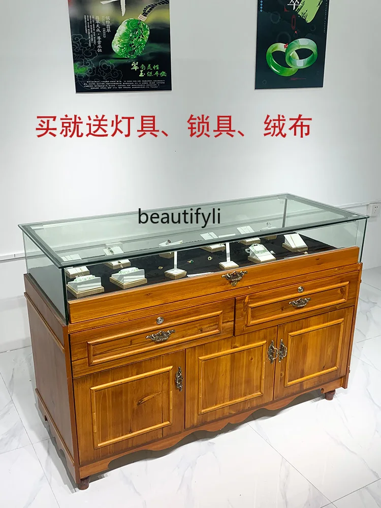 Solid Wood Jewelry Box Display Cabinet Antique Museum Vintage Glass Display Cabinet Ornament Jade Counter