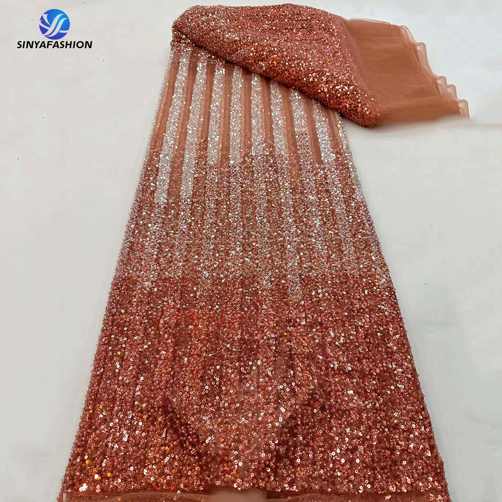 

Sinya Orange Luxury Heavy Handmade Beaded Lace Fabric Embroidery Fully Shiny Sequins African Nigerian Lace Fabric For DIY Dress