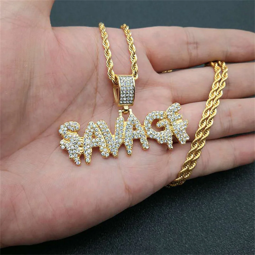 Hip Hop Iced Out Bling CZ SAVAGE Letter Pendant Gold Color Stainless Steel Cubic Zirconia Rapper Necklace for Men Jewelry Gift