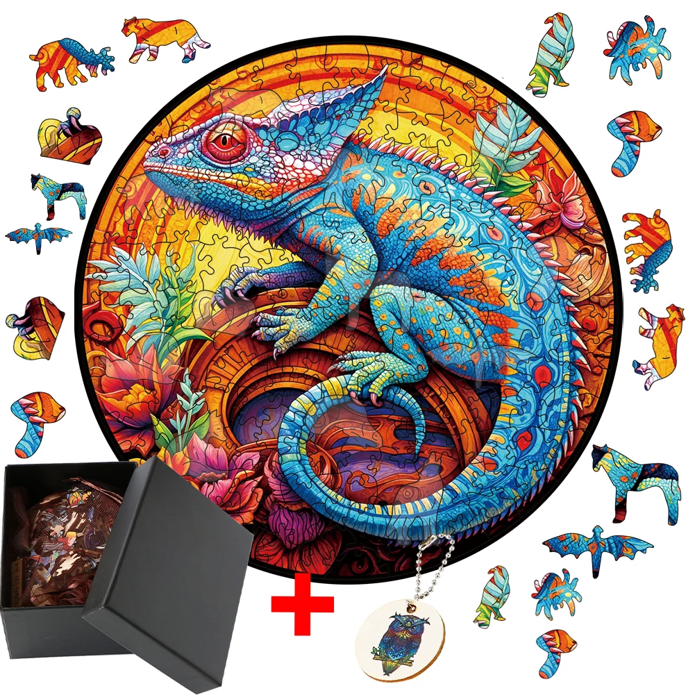 

DIY Crafts Chameleon Wooden Jigsaw Puzzle Irregular Animal Shapes Educational Toy For Kids Adults Family Birthday Gift Puzzle