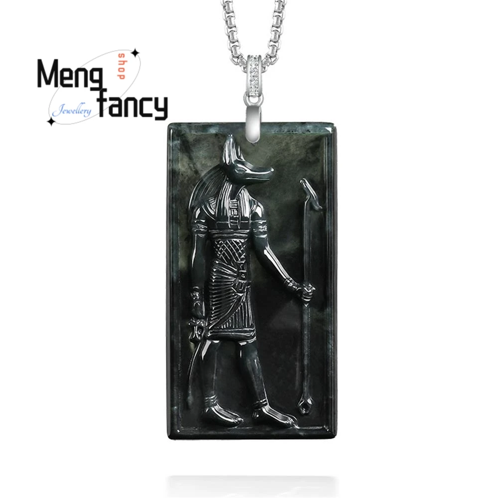 

Original Natural Burmese A-grade Jadeite Ink Jade Anubis Egypt S925 Silver Buckle Pendant National Style Fashion Jewelry Mascots