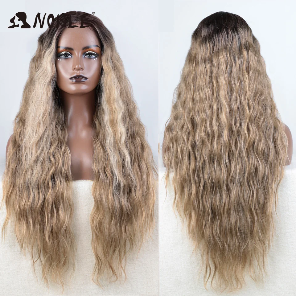Edle synthetische Lace-Front-Perücke, 30 Zoll lang, gewellt, Ombre-Blond, Cosplay-Perücken, synthetische Perücken für Damen, Lace-Front-Perücken – Detail 15