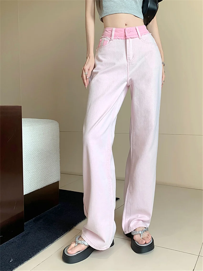 

PLAMTEE Pink Straight Denim Jeans Women Office Lady Summer Patchwork 2023 Mopping Pants Loose Wide Leg High Waist Casual Slim