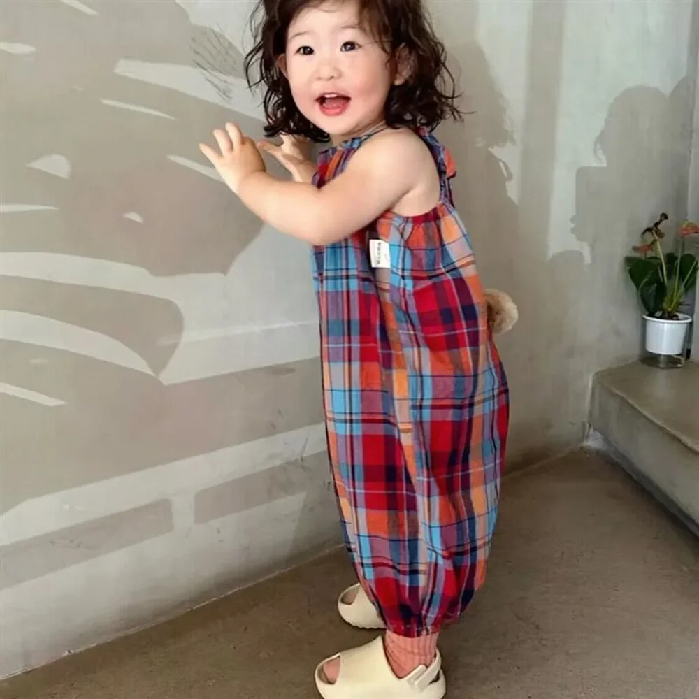 Summer Colorful Plaid Kids Jumpsuits Sleeveless Casual Wear Back Lace Up One-Pieces Rabbit Tail Girls Clothes