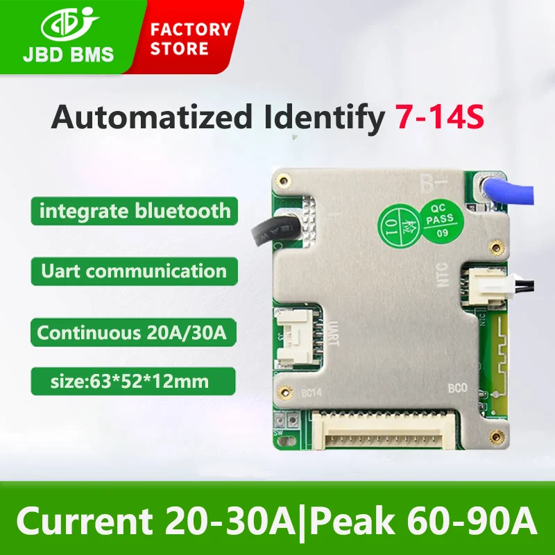 JBD بلوتوث 7S إلى 14S 13S 48V 52V لوح حماية بطارية ليثيوم الذكية BMS التوازن 24V 36V ليثيوم أيون 8S 12S LifePo4 20A 30A