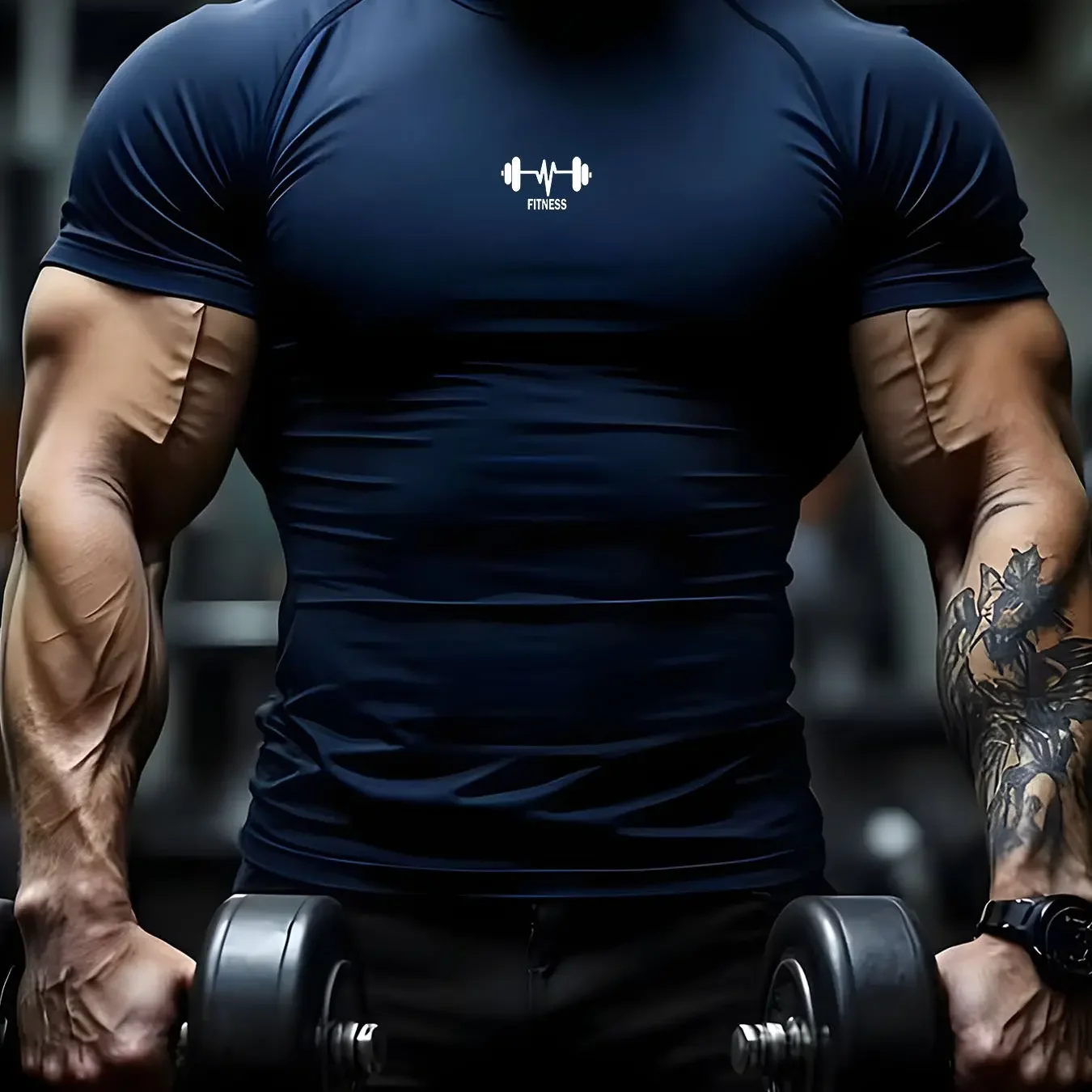 2026 new men's and women's short sleeved fitness tops with dumbbell pattern print, fashionable design, elastic fit