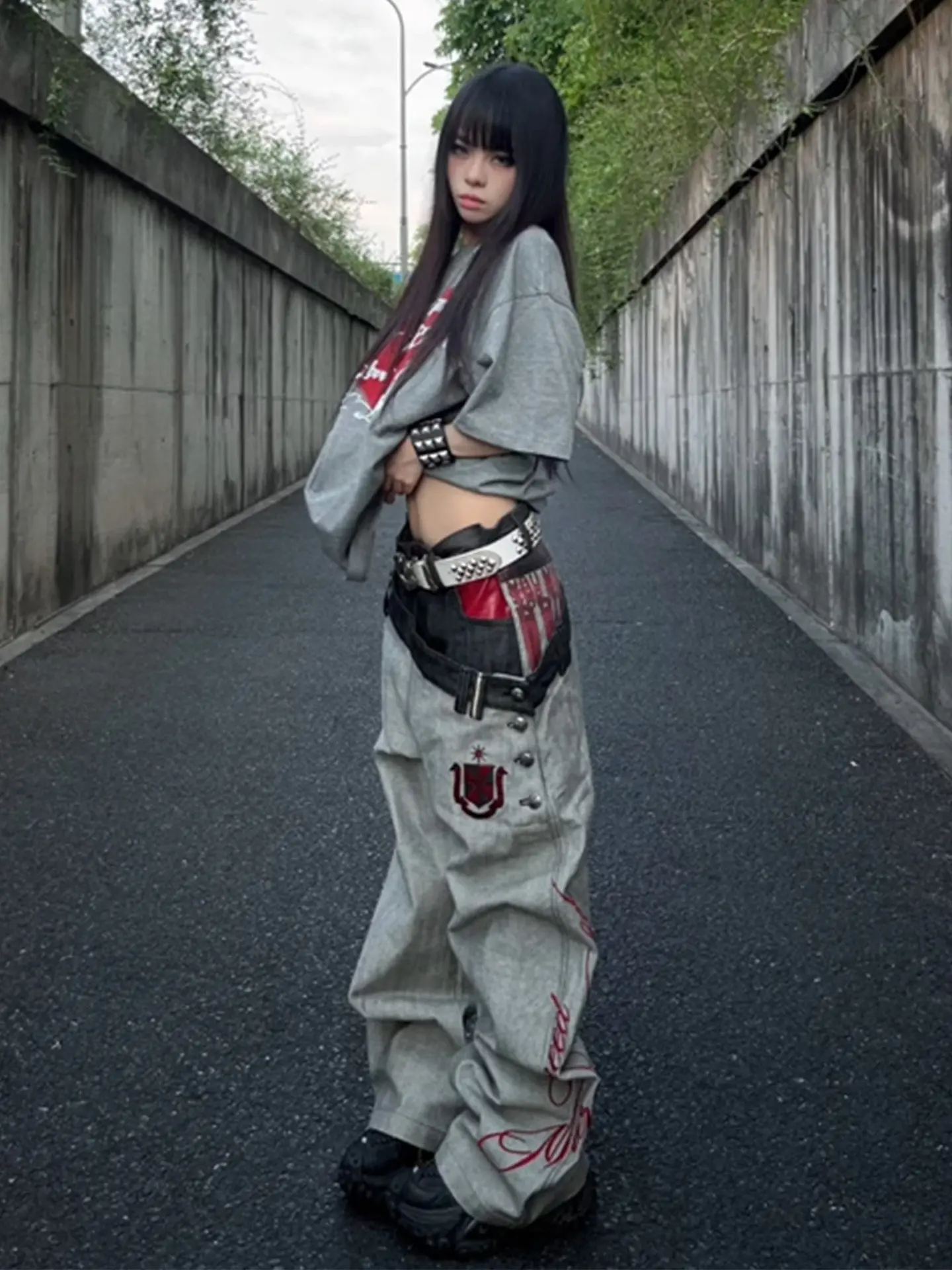 Women's New Y2k Printed Double Waistband Trousers High Street Hiphop Spring Autumn Loose Fit Casual Wide-Leg Pants