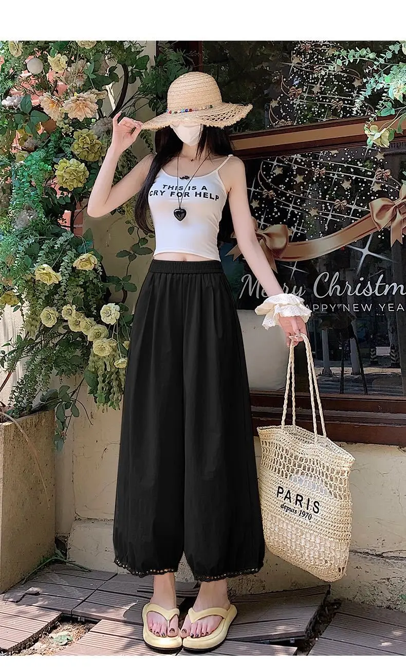 Out calças casuais femininas verão solto multiuso calças de perna larga secagem rápida plissado manguito nove minutos lanterna calças