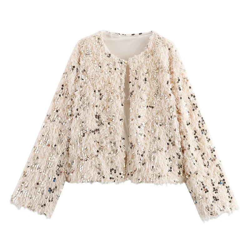 

Spring Autumn New Sequine Jacket Elegant Round Neck Long Sleeved Jacket Coat Top Women Vintage Streetwear Top Female Coat Outfit