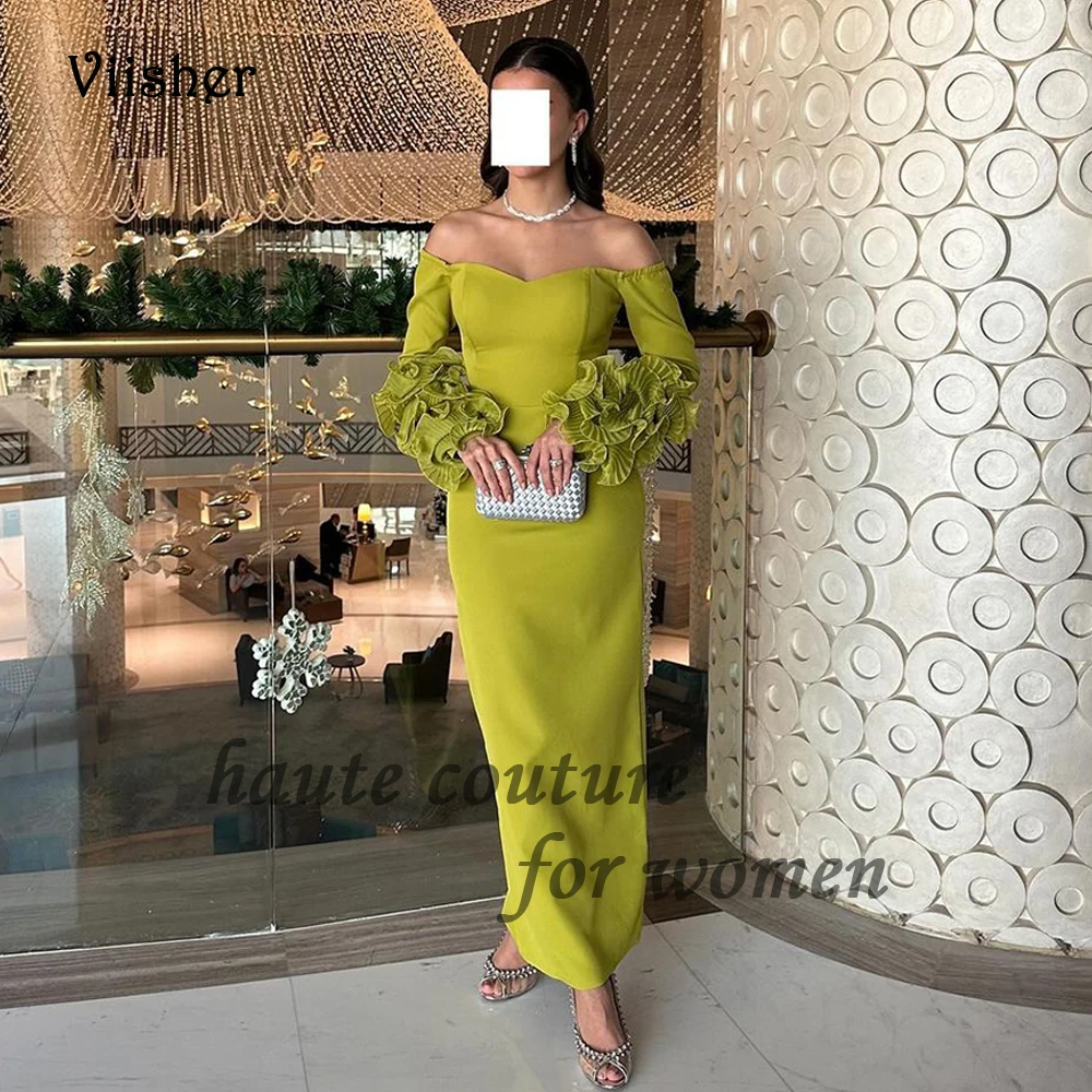 

Sage Green Mermaid Evening Dresses 3/4 Sleeve Pleats Chiffon Satin Formal Prom Dress Ankle Length Arabian Dubai Party Gowns