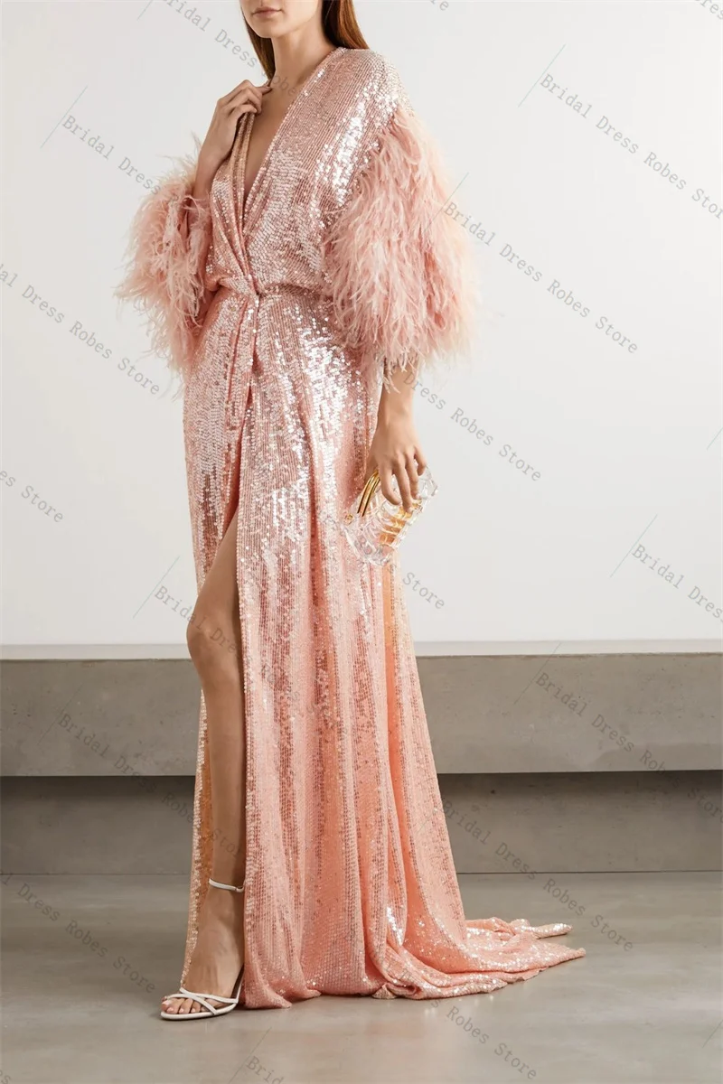 Shiny Sequins Feather Women Wedding Prom Dress For Photoshoot Sexy V Neck Full Sleeves Bridal Morning Robe Customized Night Gown