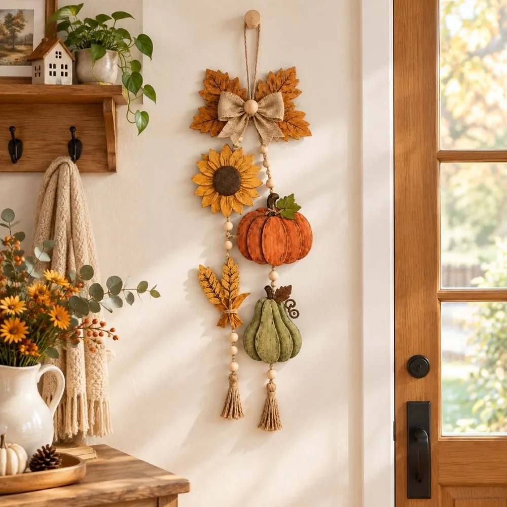 Wooden Halloween Pumpkin Ornaments DIY Maple Leaf Autumn Theme Decorations Kit with Burlap Bow 2D Flat Door Decoration Halloween