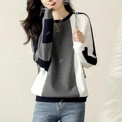 Women's Simple Splicing Contrast Color Sweatshirts Versatile Casual Style All-match New Fashion Autumn classic lady top