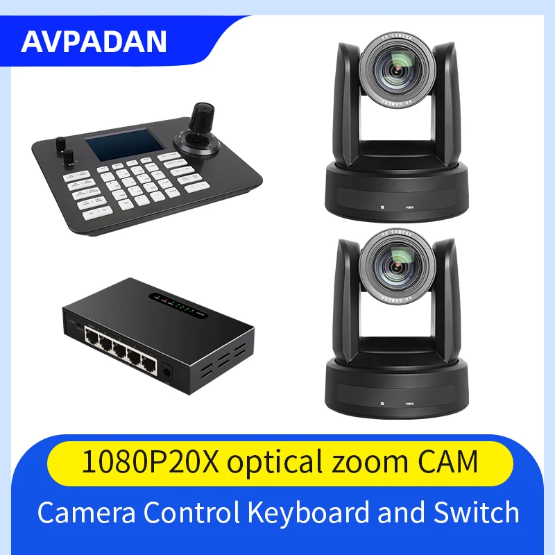 Great Discounts2pcs 10X 12X 20X Optical Zoom AI Auto Focus NDI PTZ Camera and One Joystick controller and One PoE Switch meeting