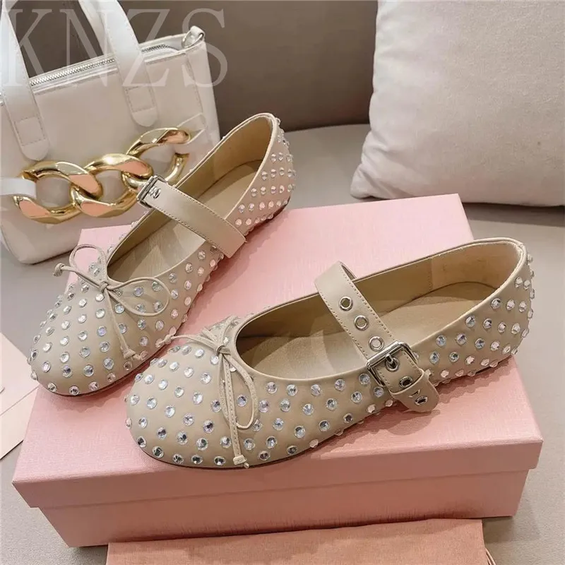 

Spring New Round Toe Fashion Buckle Strap Women Shoes Mary Janes Genuine Leather Crystal Decor Casual Single Shoes Women 2024