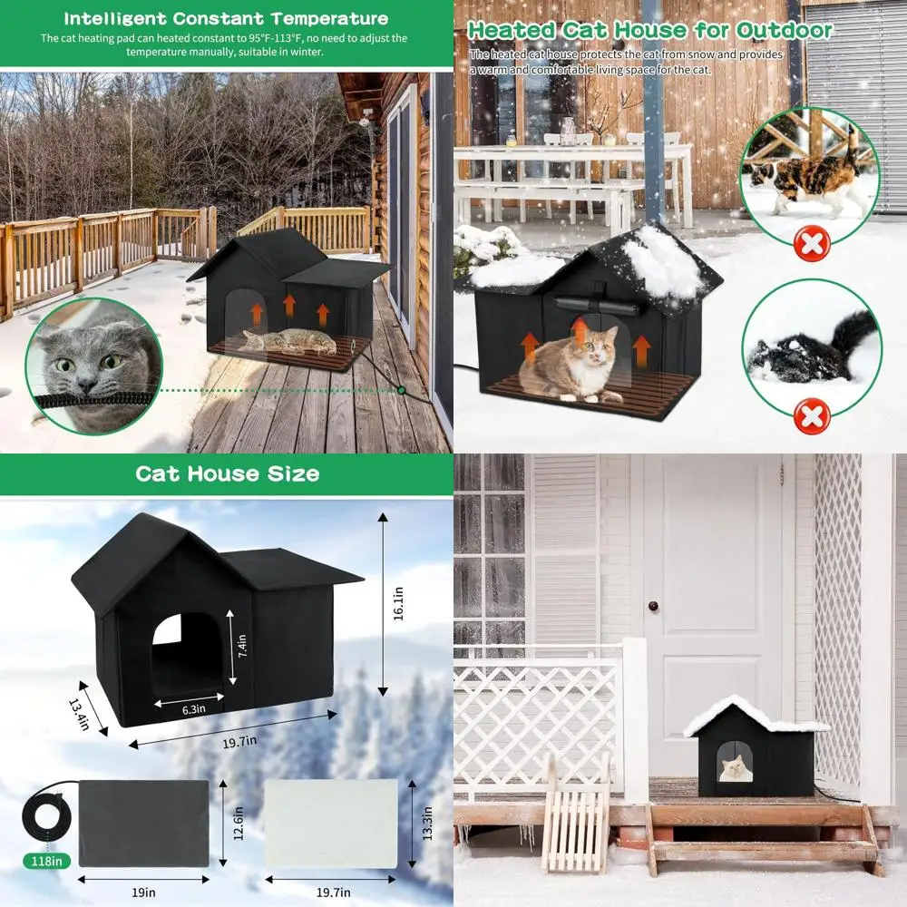 

Всепогодный уличный кошачий домик с грелками для зимы, просторное укрытие для нескольких кошек, 19,7x13,4x16,1 дюйма (черный)