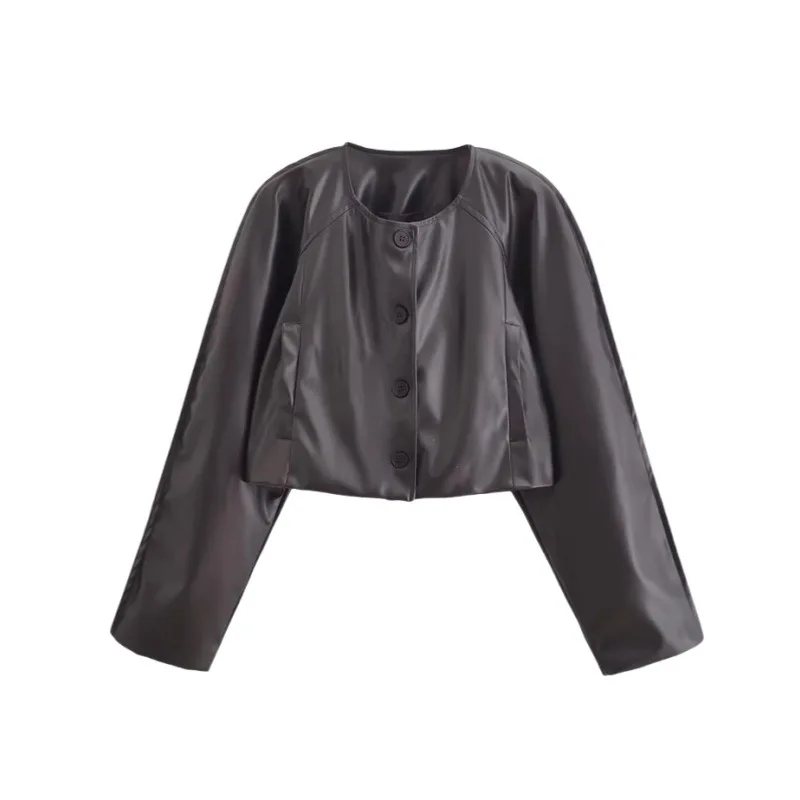 High-Waisted Short PU Leather Jacket European American Style round Neck Single-Breasted Loose Slimming Casual Top for Autumn