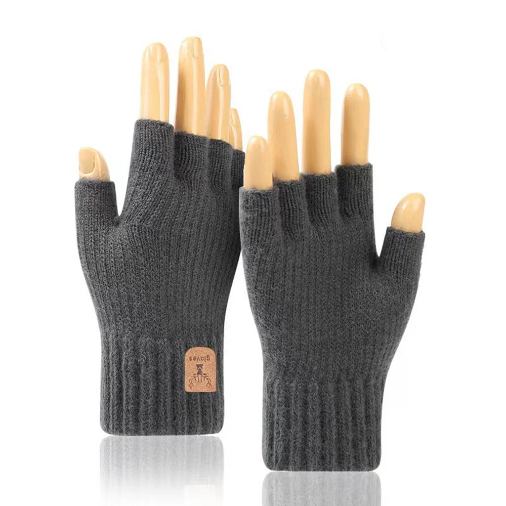 Winter Gloves For Men Half Finger Writting Office Cycling Knitted Gloves Students Alpaca Wool Warm Thick Elastic Driving Gloves